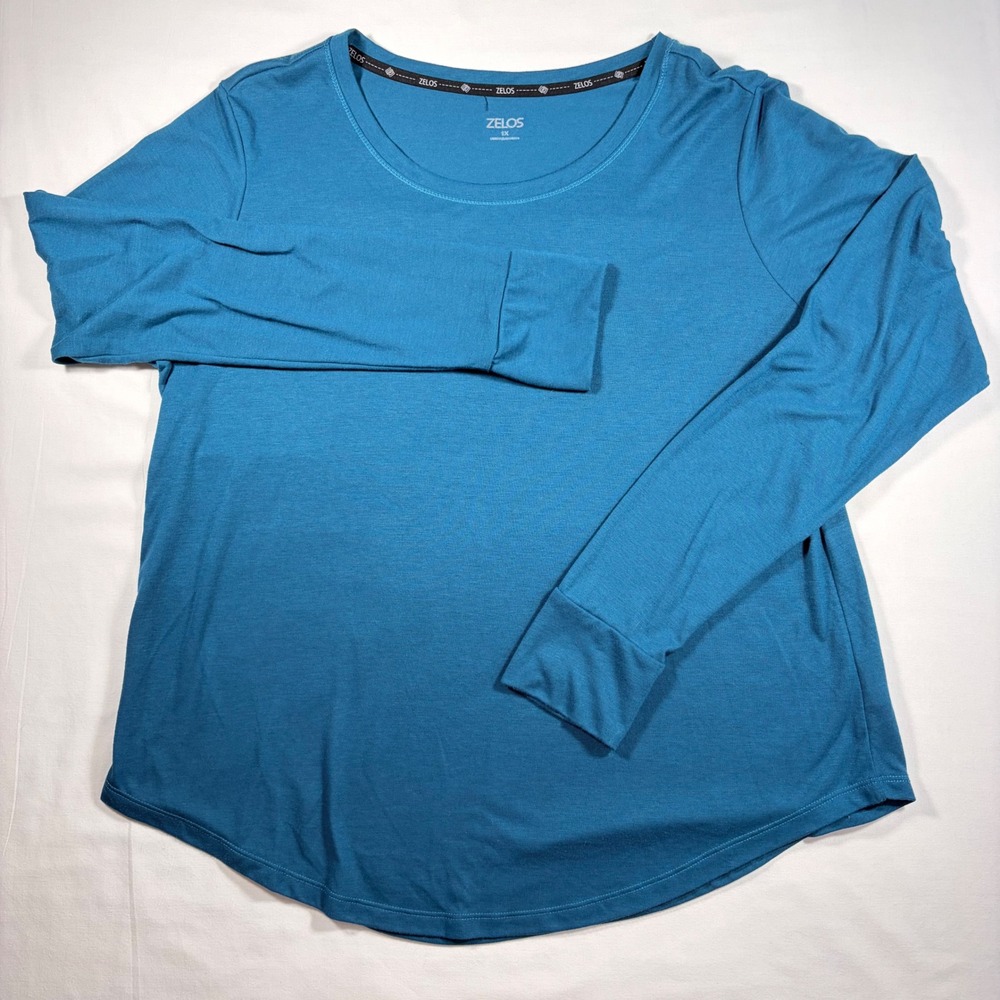Zelos Womens‎ 1X Teal Blue Long Sleeve Activewear Top Thumbholes Curved Hem